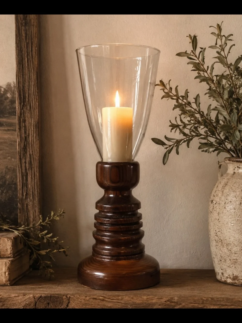 Vintage Turned Wood Hurricane Candle Holder Glass Pillar Pedestal Base 12.5